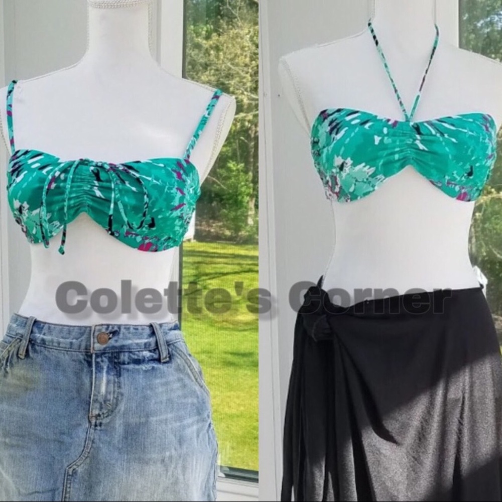 Convertible Ruched Bandeau Swim Green & Pink  Top